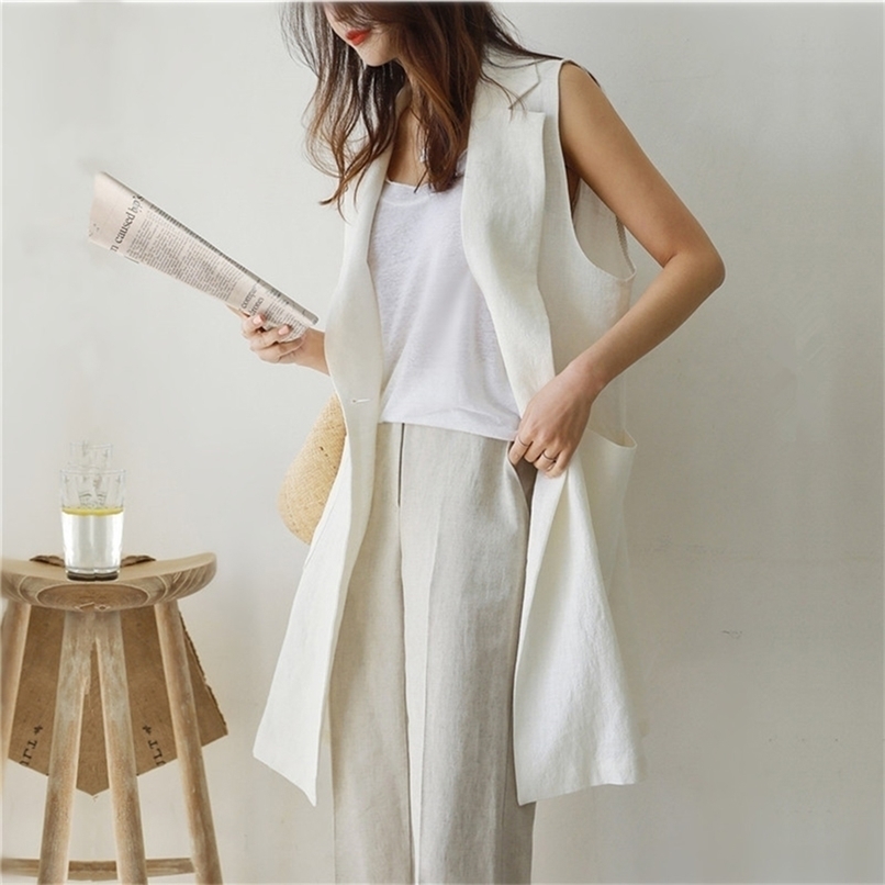 M-2XL Single-breasted Loose Simple Vest Jacket White Autumn Spring Sleeveless Suit Waistcoat Linen Long Coat Female QEN009 210819