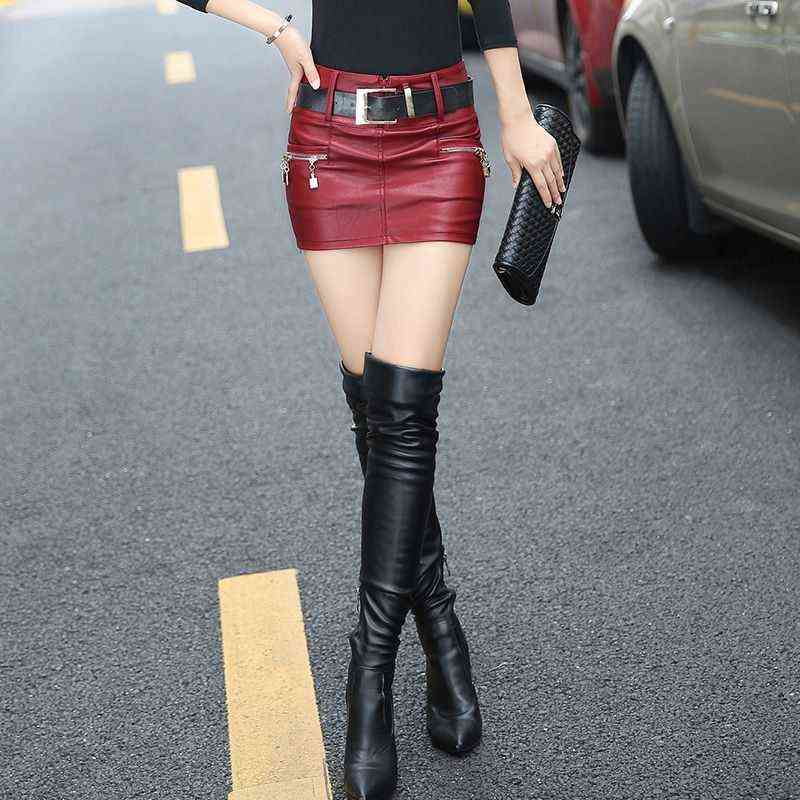 NYFS Style Spring Autumn Winter Women black color Slim PU Leather skirt Hip faldas S-XL Size(No belt) 211119