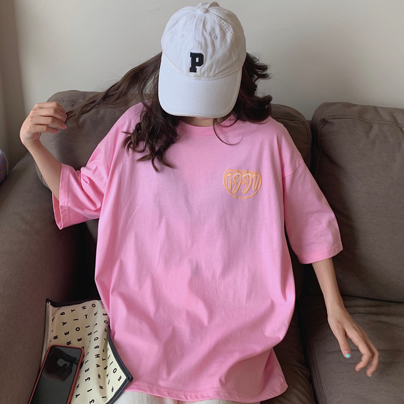 Casual Loose Oversized T Shirt Women Cartoon Printed Three Quarter Sleeve Tee Shirt Female Pink White Orange Streetwear T-shirts 210302