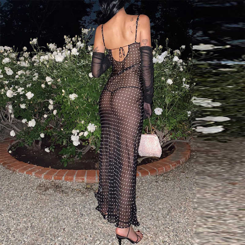 Sexy Black Spaghetti Strap Sleeveless Bodycon Dress Dot Printed Backless Lace-up See Through for Women Party Club Clothing 210604