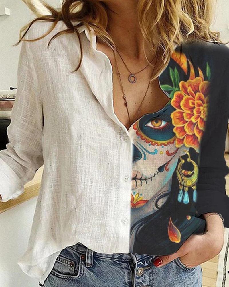 Women Casual Autumn Turn-down Collar Buttoned Skeleton Blouse Halloween Figure Print Colorblock Shirt 210225