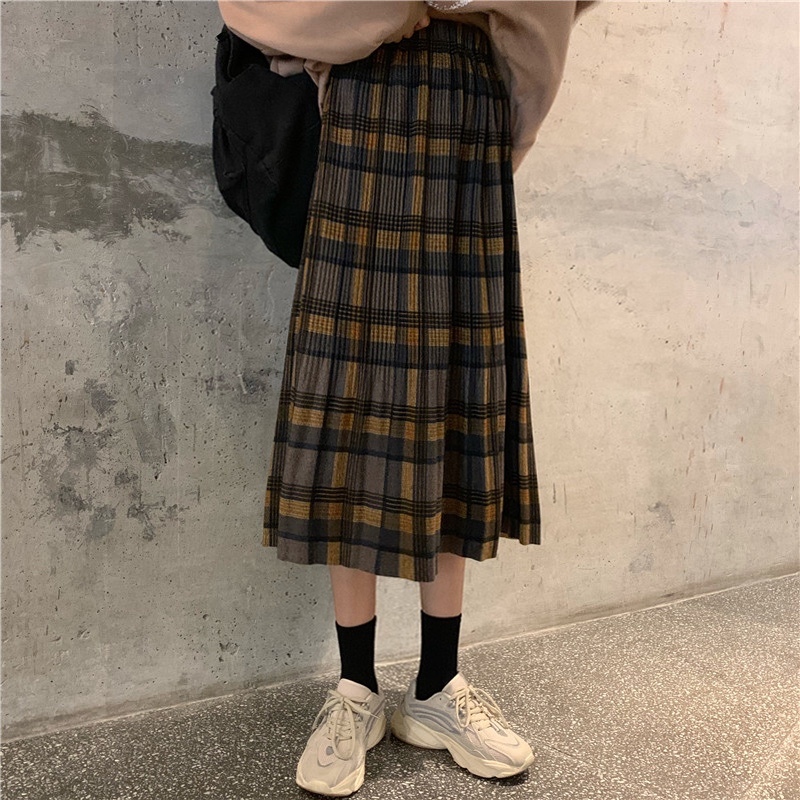 Pleated Midi Skirt Women Long Woolen Winter Loose Pleated Plaid Skirts For Women Warm Womens Clothes Fall 210306