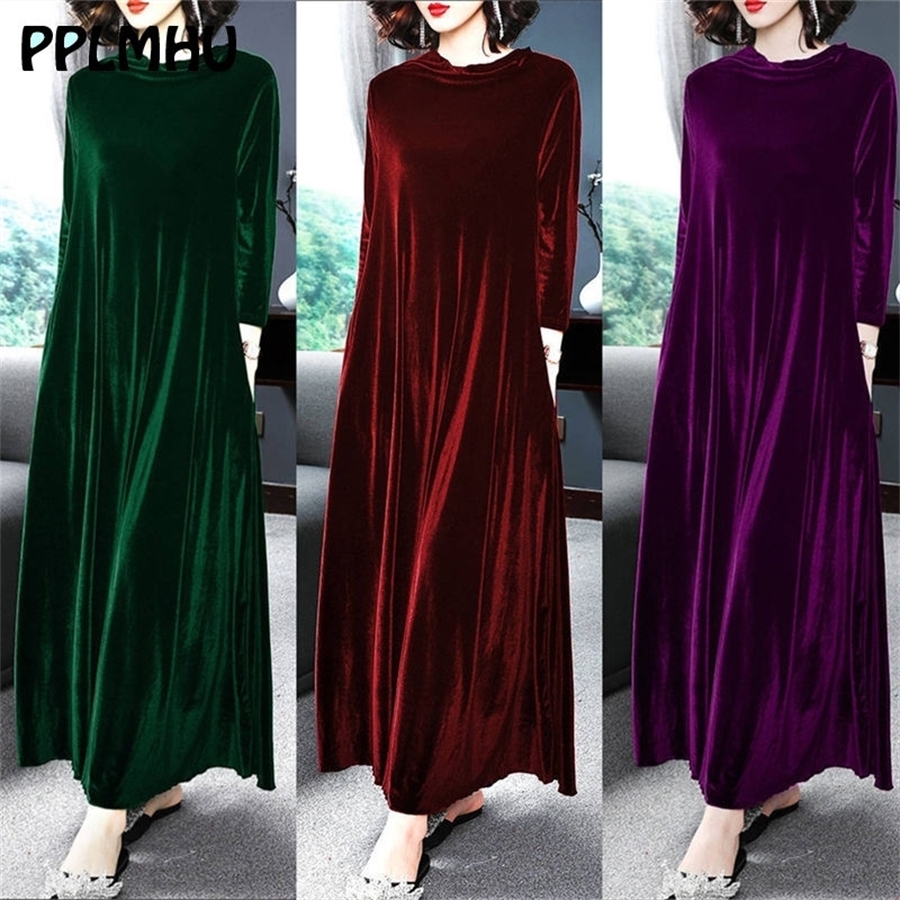 Velvet Dresses Middle Aged Women Winter Plus Size Casual Loose Long Sleeve Solid Color O-neck Maxi Vintage Vestidos T200911
