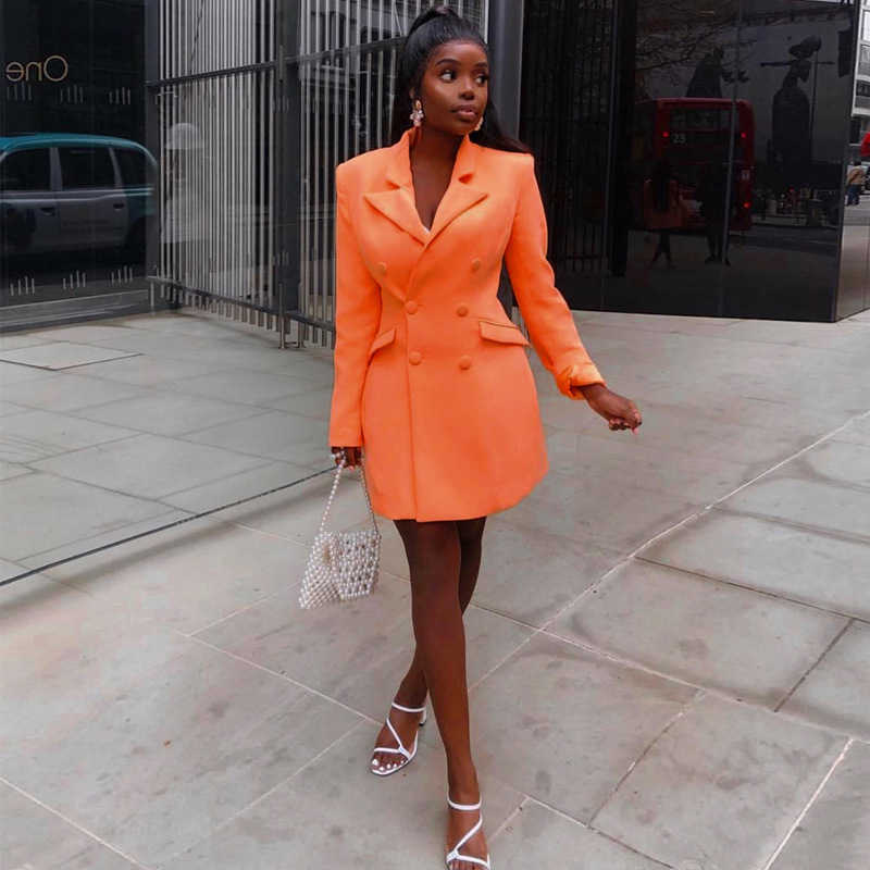 Neon Pocket Double Breasted Blazer Long Sleeve Slim Elegant Coat Jacket Women Spring Lengthen Windbreak Pure Orange Outfit 210930