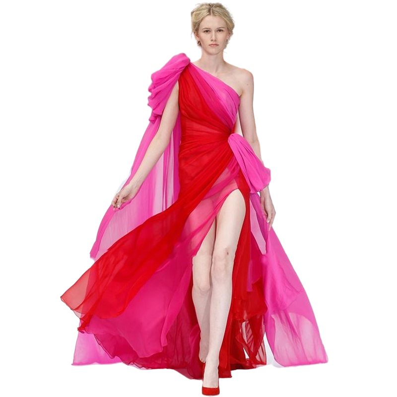 2022 Sexy Red Pink Evening Party Dresses Side Slit Chiffon One Shoulder Prom Dress Strap Sleeveless Long Runway Pageant Special Occasion Gowns Vestido