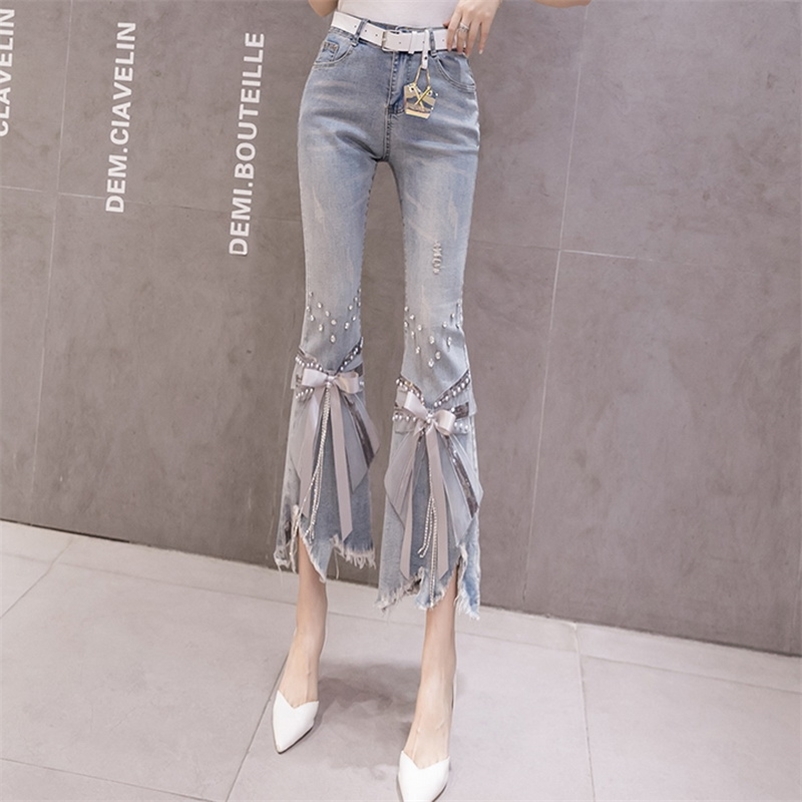 High Waist Jean Ripped Cropped Women's Spring Summer Irregular Beaded Bow Flared Denim Pants Ladies 210629, Blue
High Waist Jean Ripped Cropped Women's Spring Summer Irregular Beaded Bow Flared Denim Pants Ladies 210629, Blue