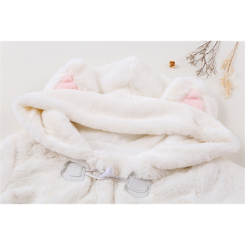 Women Winter Cartoon Fur Coats Japanese Kawaii Sweet Cat Paw Embroidery Faux Fur Soft Sister Long Warm Overcoat With Ears Hooded