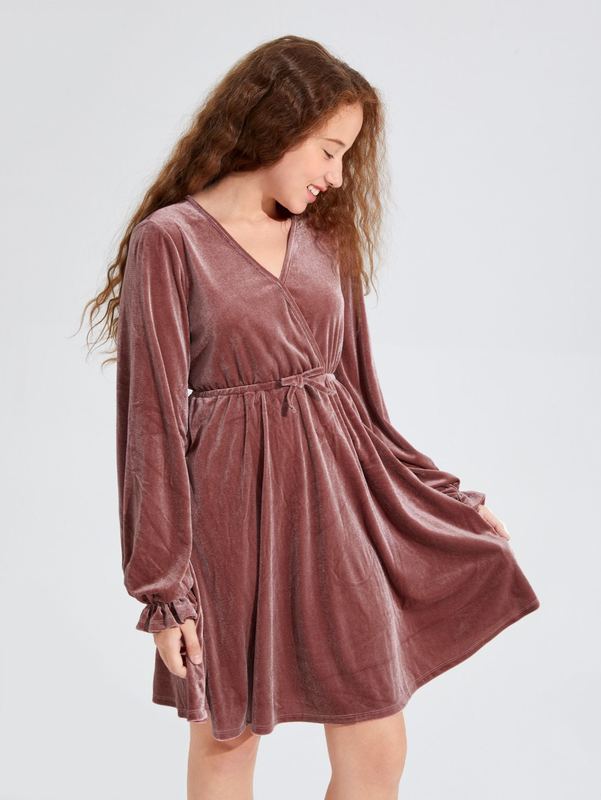 Teen Girls Surplice Neck Lantern Sleeve Tie Waist Velvet Dress SHE