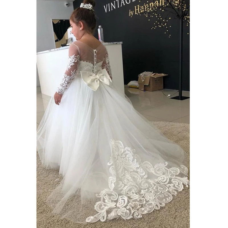 High Quality First Communion Dresses Kids Evening Ball Gown Illusion Applique Bow Girls Pageant Dress Satin Tulle Flower Girl Wear