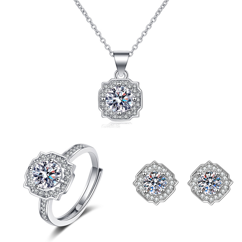 Elegant Lab Diamond Jewelry set 925 Sterling Silver Party Wedding Rings Earrings Necklace For Women Promise Moissanite Jewelry