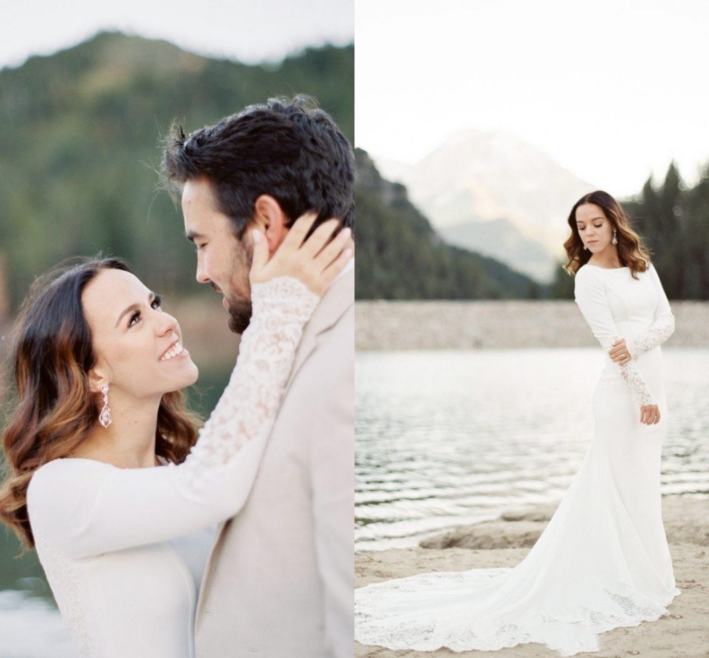 Crepe Simple Modest Wedding Dresses With Long Sleeves Lace Appliques Full Sleeves Country Women Informal Modest Bridal Gowns
