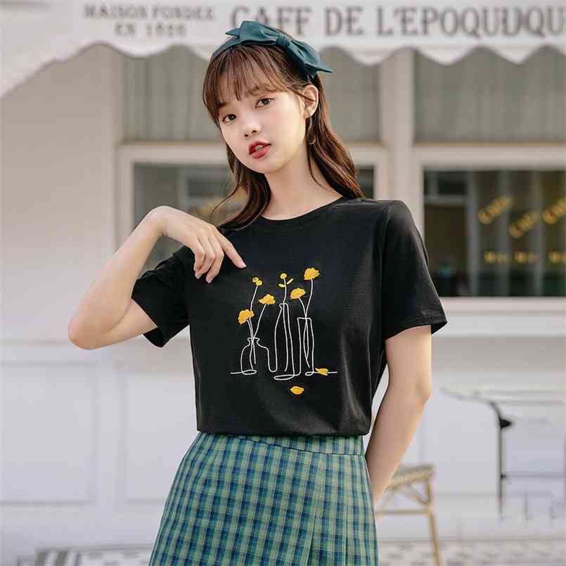 INMAN Summer Women' T-shirt Casual Style Round Neck Simple Line Drawing Flower Embroidery Short Sleeve All-match Female Top 210708, White
INMAN Summer Women' T-shirt Casual Style Round Neck Simple Line Drawing Flower Embroidery Short Sleeve All-match Female Top 210708, White