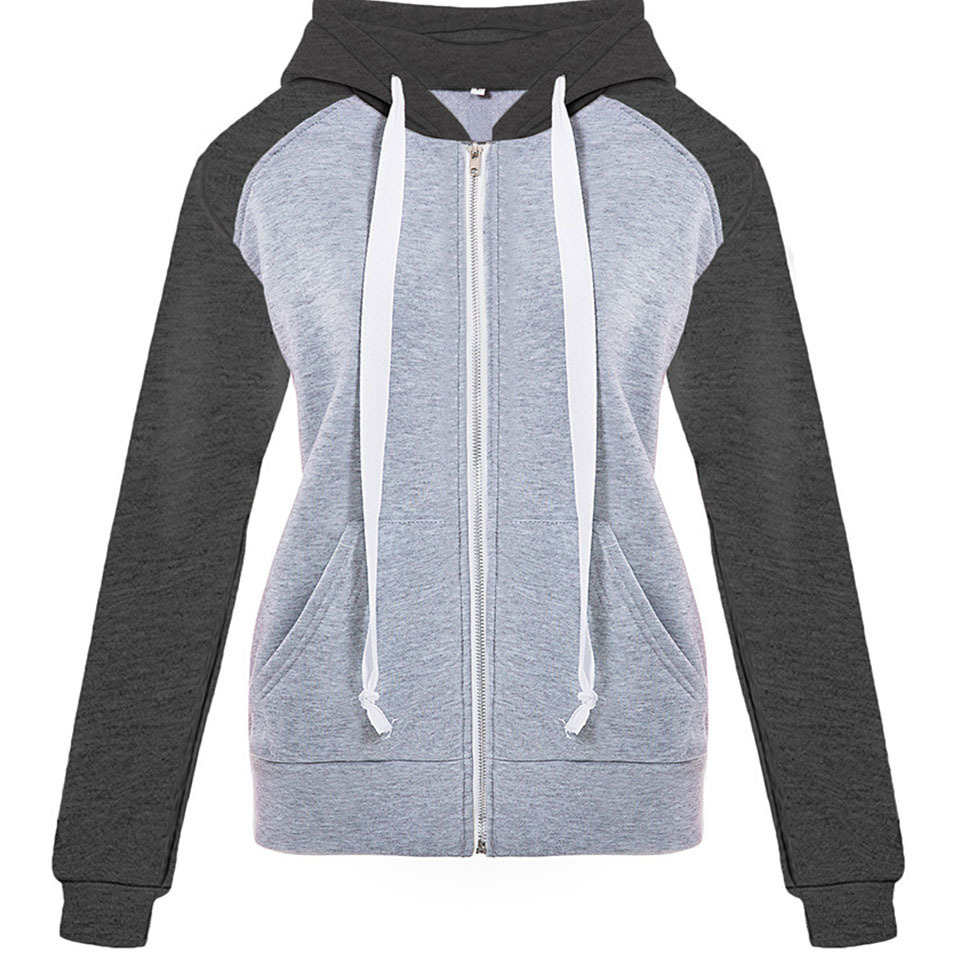 Women Hoodie Casual Kangaroo Pocket Patchwork Long Sleeve Hoodie Sweatshirt With Zipper Hoodie Drawstring Harajuku Fashion T200525