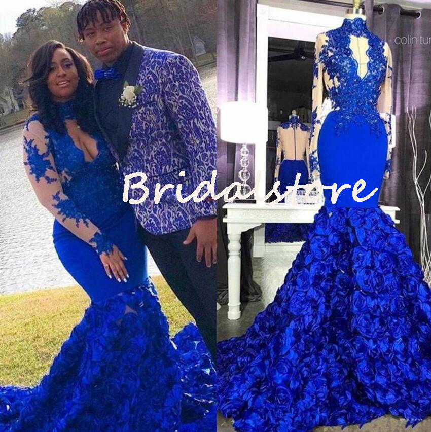 Plus Size Royal Blue Mermaid Prom Dresses For Black Girls Keyhole Neck Long Sleeve African Evening Gowns 2022 3D Florals Dress Elegant Formal Party Ve