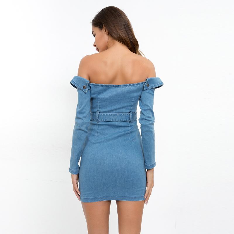 Casual Dresses Women Sexy Jeans Dress Horizontal Neck Long Sleeve Denim Slim Fit High Waist Hip Party Night