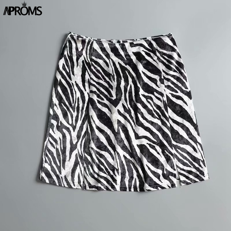 Aproms Vintage Zebra Print Soft Velvet Skirt Women Sexy Side Split High Waist Short Mini Skirts Female Back Zipper Bottoms 210306