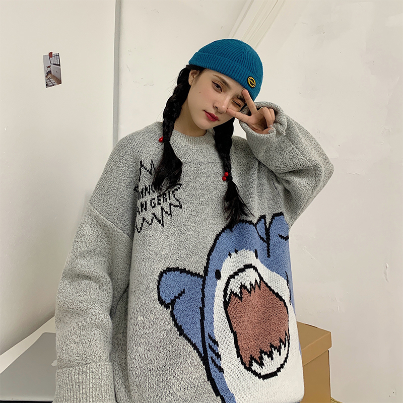 Autumn Winter Harajuku shark Knitting Warm Sweater Casual Long Women Tide Printed Sweater Loose Boyfriend Pullovers Oversized 210218