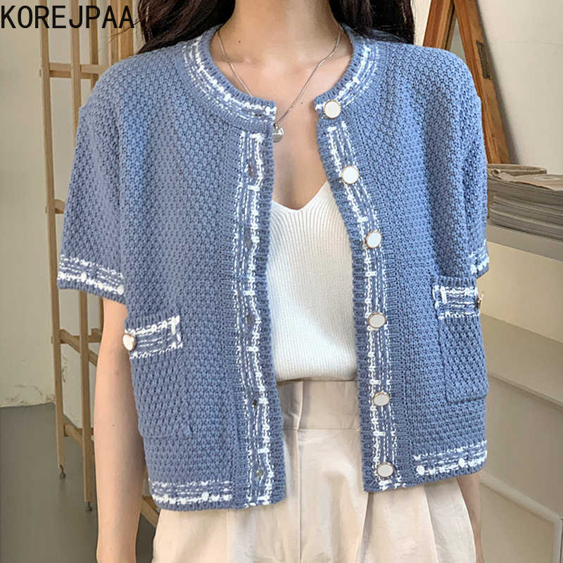 Korejpaa Women Jackets Summer French Round Neckband Contrasting Color Chic Buttons Double Pockets Loose Thin Knit Jacket 210526, Blue
Korejpaa Women Jackets Summer French Round Neckband Contrasting Color Chic Buttons Double Pockets Loose Thin Knit Jacket 210526, Blue