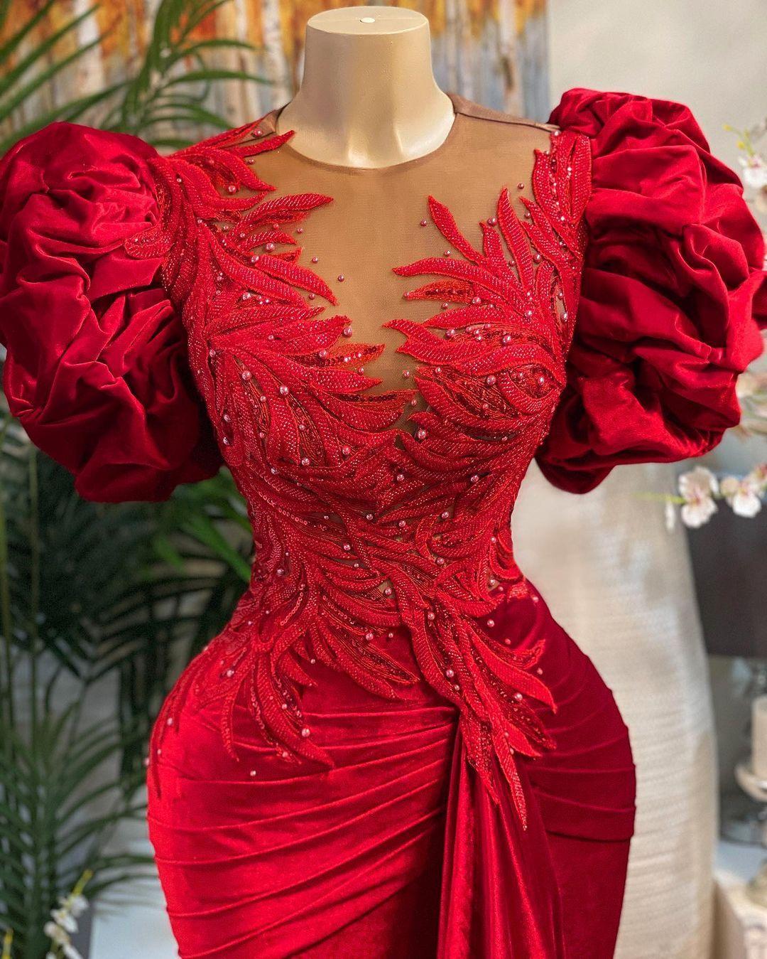 Evening Red Dresses Mermaid Arabic Short Puffy Sleeves Lace Applique Beaded Crystals Jewel Neck Elastic Satin Custom Made Prom Party Gowns Vestidos