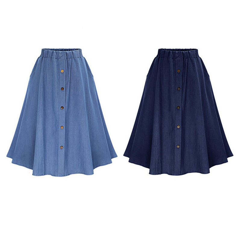 Fashion Korean Preppy Style Denim Skirts Women Solid Color Long Skirt Nature Waist Female Big Hem Casual Button Jean Skirt 210309