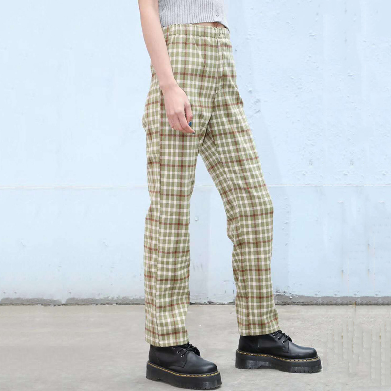 Women 90s Vintage Retro Plaid Tilden Pants Harajuku Fashion Straight Pant Women Trousers Streetwear BM Girls Checkered Sweatpant 201012