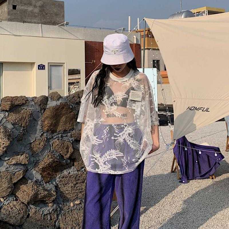 Yedinas Summer Sexy Mesh T Shirts Women Lace See Through Oversize Tops Semitransparent Gothic E Girl T-shirt Streetwear 90s 210527