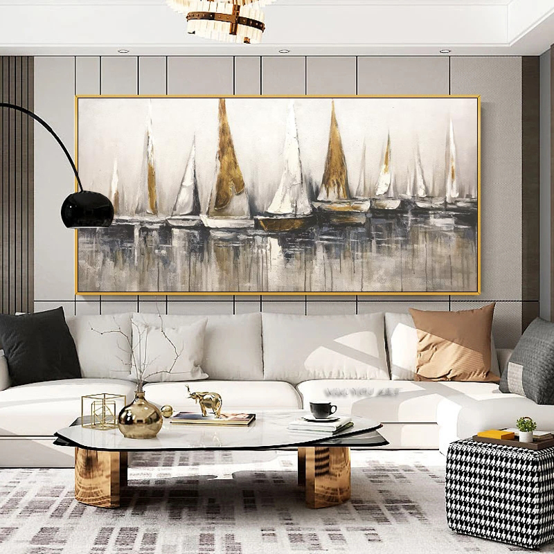Golden Sailboat Painting Wall Art For Living Room Boat Ship Pictures Canvas Prints Modern Home Decor Oil Painting On Canvas