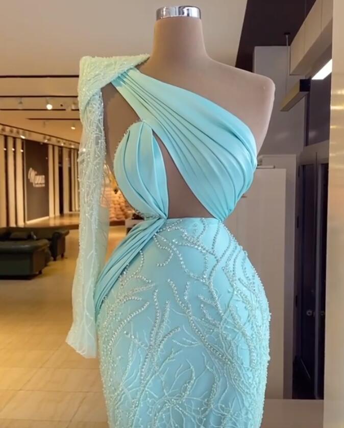 Aso Ebi 2021 Arabic Gold Sexy One Shoulder Evening Dresses Beaded Sheath Prom Dresses Charming Formal Party Second Reception Gowns ZJ3055