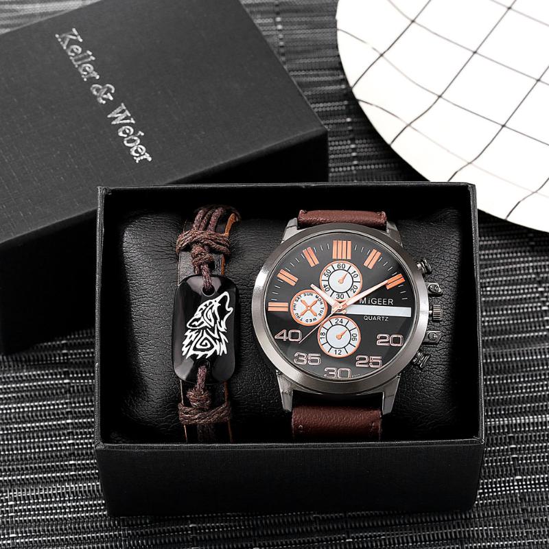 Wristwatches Men's Watch Bracelet Set Quartz Movement Leather Strap Fashion With Box For Husband, Brown
Wristwatches Men's Watch Bracelet Set Quartz Movement Leather Strap Fashion With Box For Husband, Brown