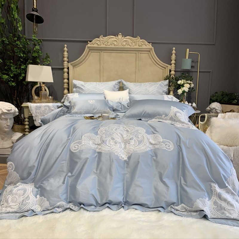 Eliza haze blue solid color 100 thread count cotton four piece lace bedding quilt cover sheet
Eliza haze blue solid color 100 thread count cotton four piece lace bedding quilt cover sheet
