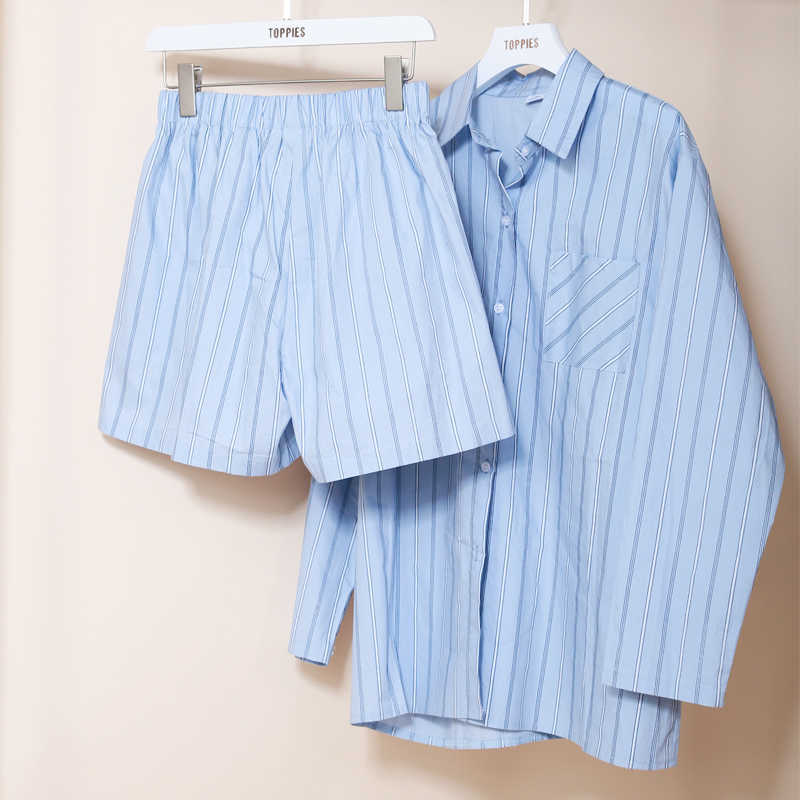 Toppies Casual Striped Tracksuits Woman Shorts Set Oversize Shirt High Waist Shorts Two Piece Set Female Clothes 210924