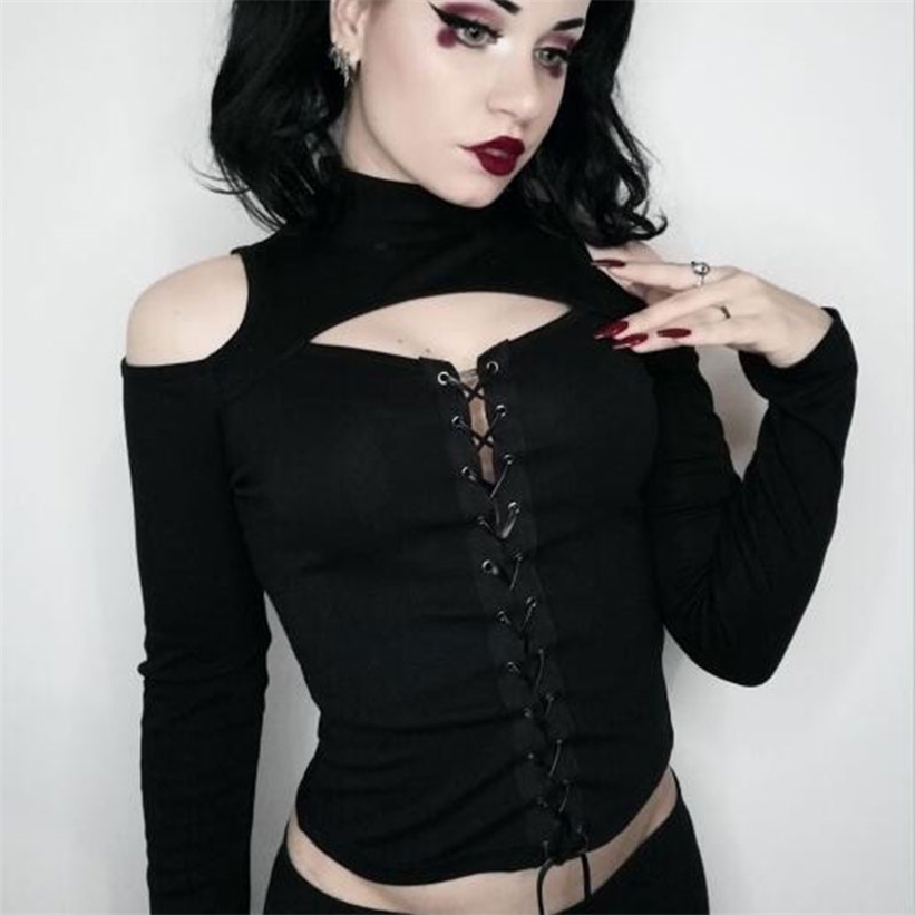 InsGoth Vintage Sexy Lace Up Black Hoodies Gothic Off Shoulder Bodycon Long Sleeve Hoodies Women Dark Harajuku Turtleneck Tops 201217