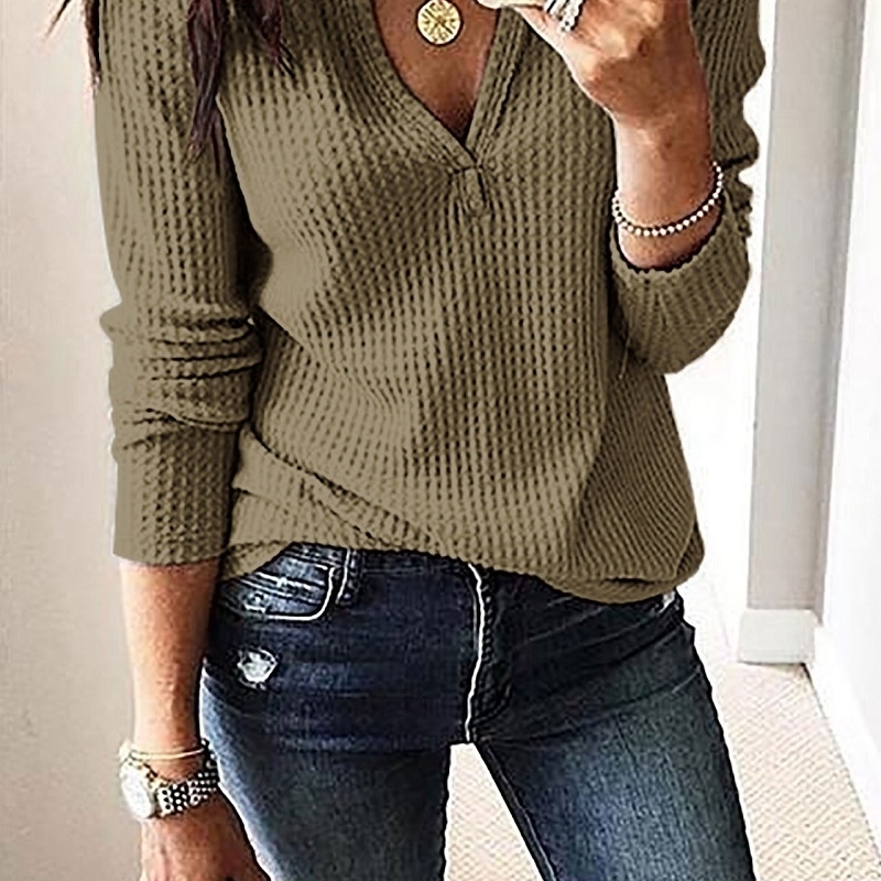 Womens V Neck T Shirts Solid Long Sleeve Waffle Knit Loose Top 210302