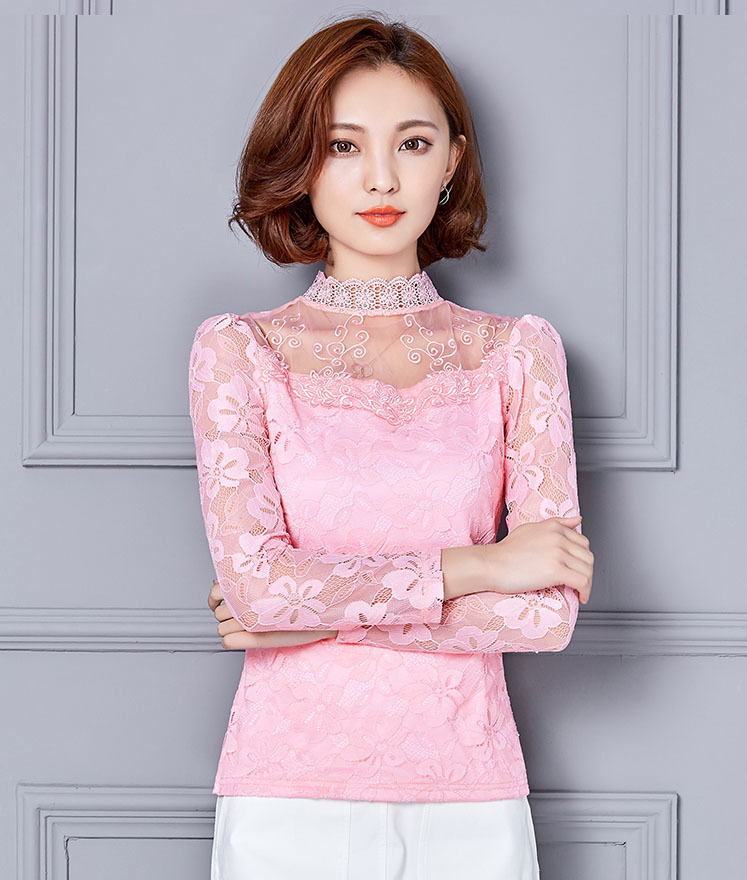 Women Sexy Hollow Out Chiffon Lace Blouse Long Sleeve Stand Collar Floral Lace Shirt Tops Casual Women clothing Blusas 210225