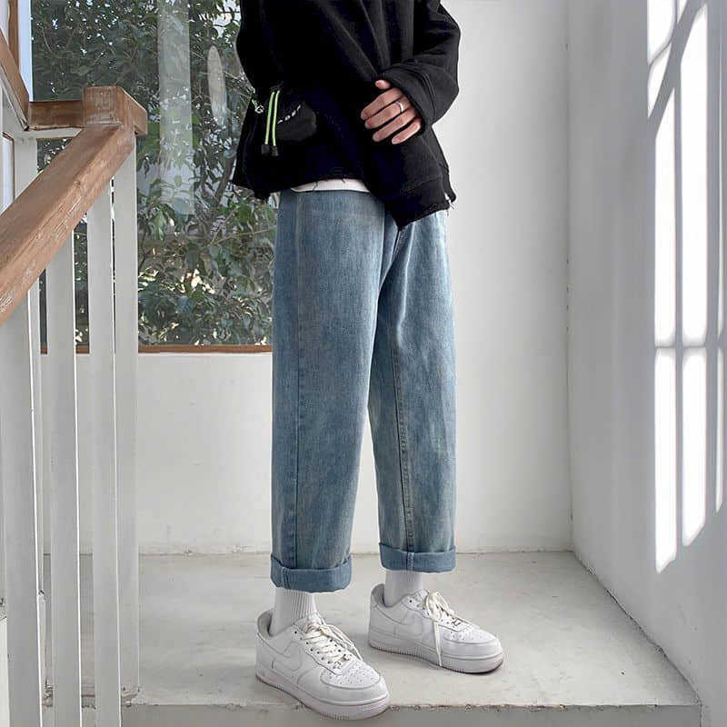 Jeans women's simple Harajuku winter plus velvet thickened high waist thin all-match straight wide-leg loose old pants hip hop 210526