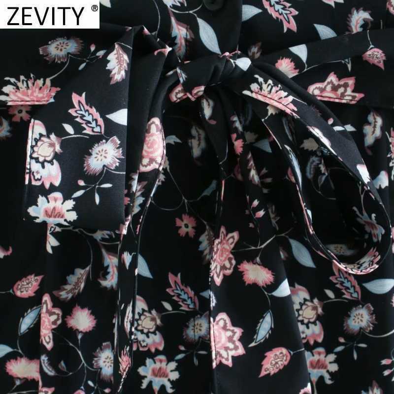 Zevity Women Elegant Stand Collar Floral Print Bow Sashes Shirt Dress Femme Long Sleeve Breasted Casual Vestido Cloth DS4699 210603