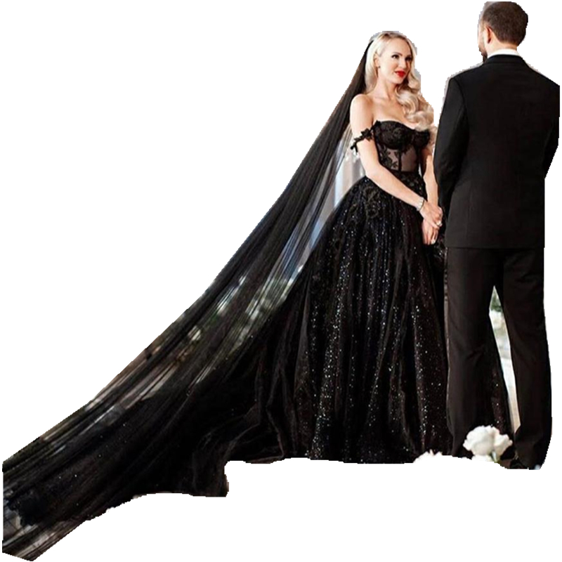 New Gothic Black Wedding Dresses Gown 2023 Sexy Off Shoulder Sparkly Sequins Lace Appliqued Vintage Corset Bridal Gowns Long Train Retro Winter Dress