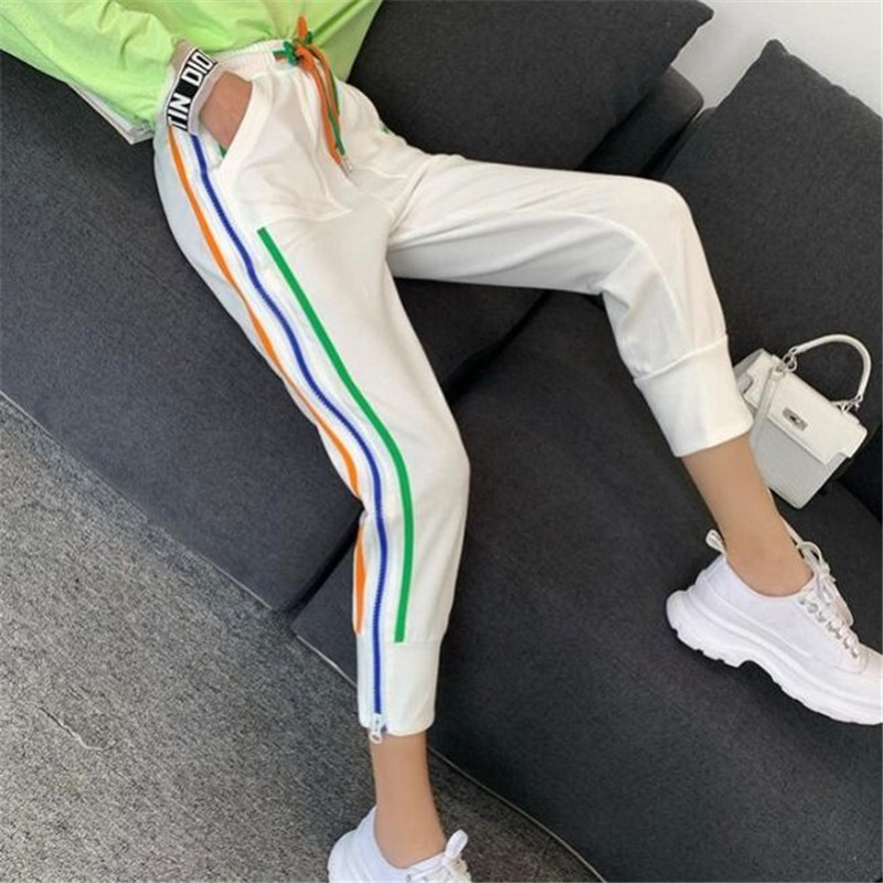 Joggers Women Elastic High Waist Harem Pants Streetwear Sweatpants for Women Casual Harajuku Rainbow Side Stripe Zipper Pants 201012