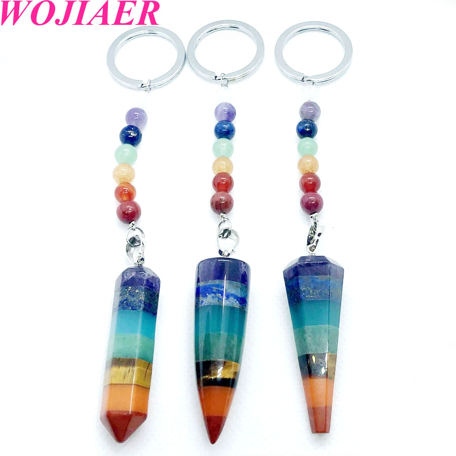 WOJIAER Assorted Natural Stone Keychain Ring Key Chain Pendulum Crystal Car Bag Accessories 7 Chakra Healing Reiki Beads BW912