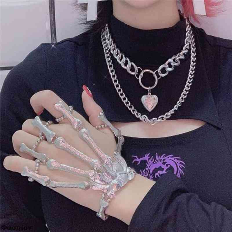 Handmade Halloween Wristband Skull Fingers Metal Skeleton Hand Bracelet with Ring for Women Birthday Gifts