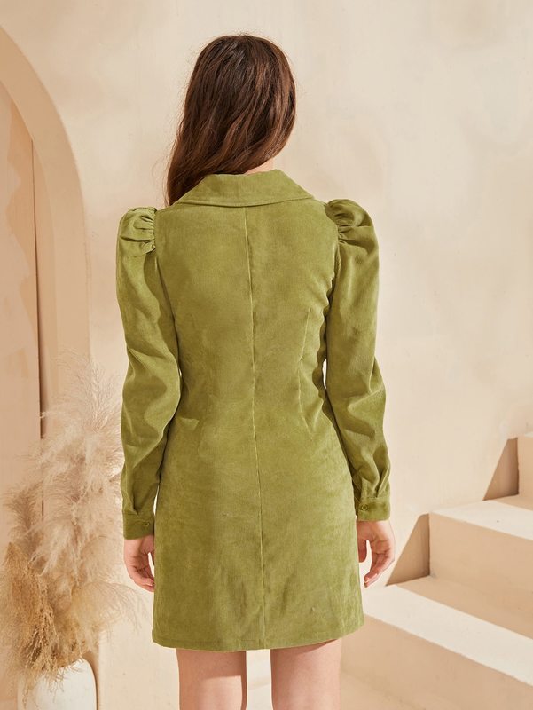 Teen Girls Collared Puff Sleeve Cord Shirt Dress Without Belt SHE