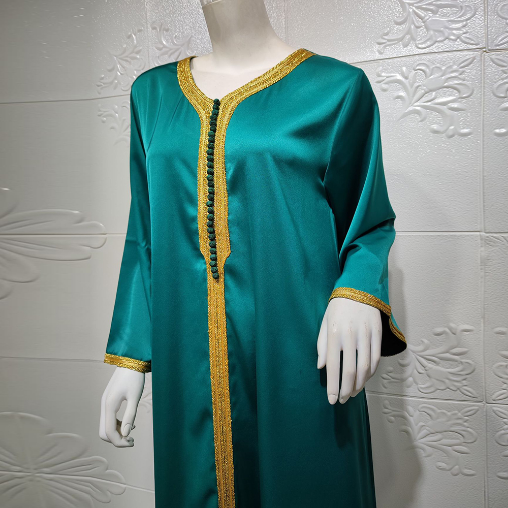 Siskakia Arabic Dresses for Women Fall Golden Ribbon Patchwork V Neck Long Sleeve Maxi Dress Muslim Turkish Clothing Satin 210224