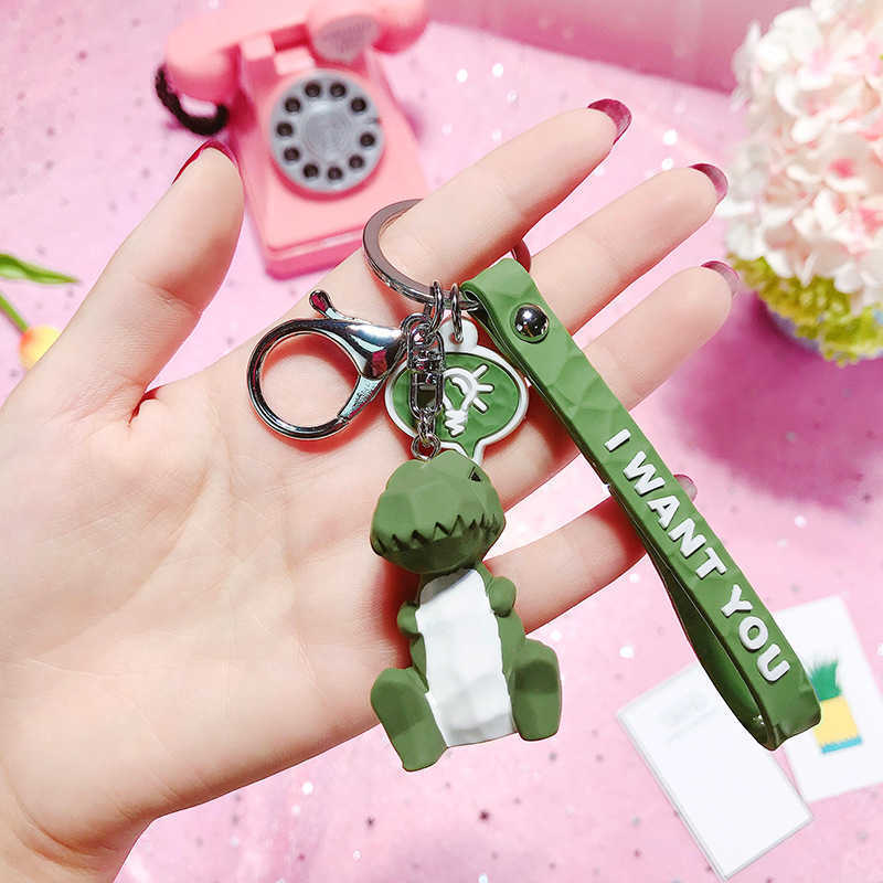Key Rings Fashionable and cute dinosaur car keyring cartoon female PVC animal keychain hanging rope handbag accessory Trinket G230526