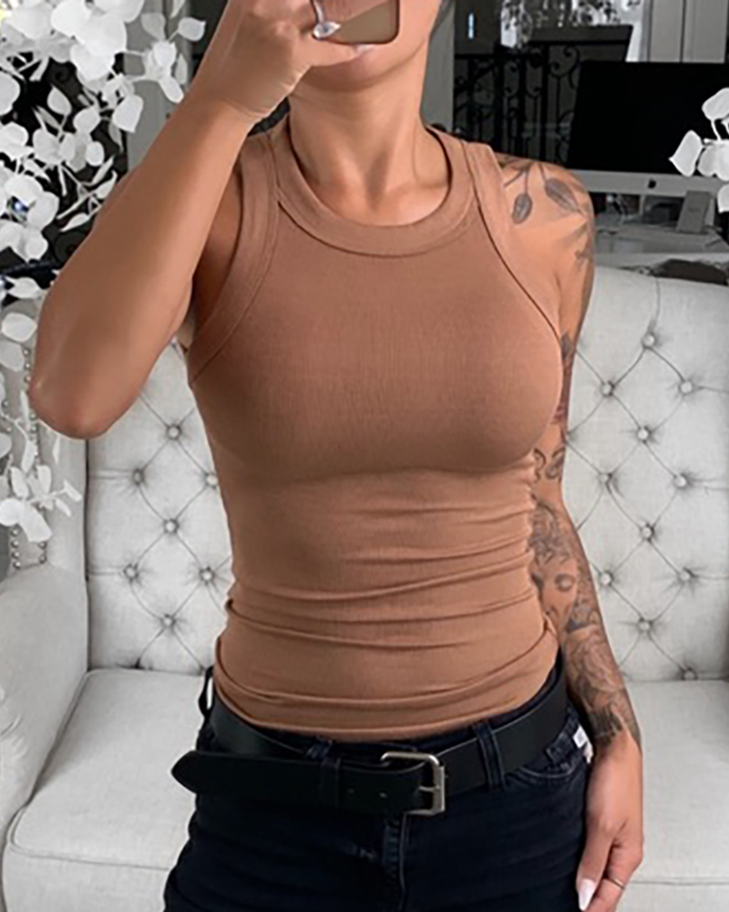 Women Solid Round Neck Ribbed Tank Top Camisole Women Summer Basic Elastic Tank Top O Neck Solid Tank Top Plus Size 210225
