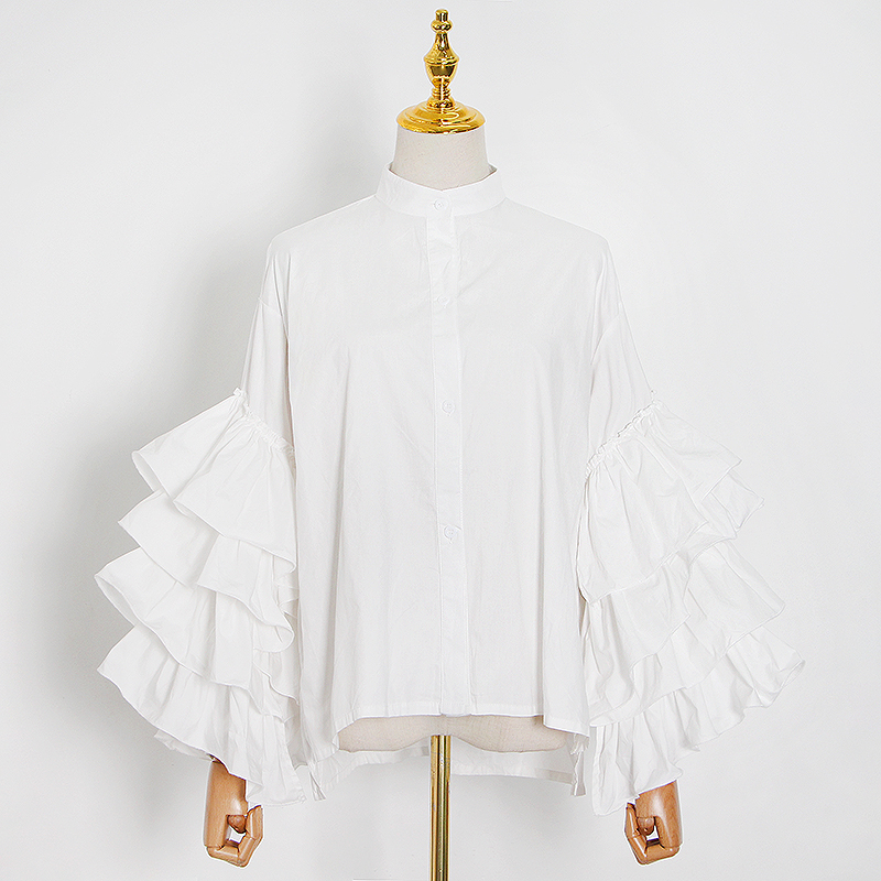 GALCAUR Korean Patchwork Ruffles Women's Shirt Stand Collar Lantern Long Sleeve Large Size Loose Blouse Female Fashion New 210225