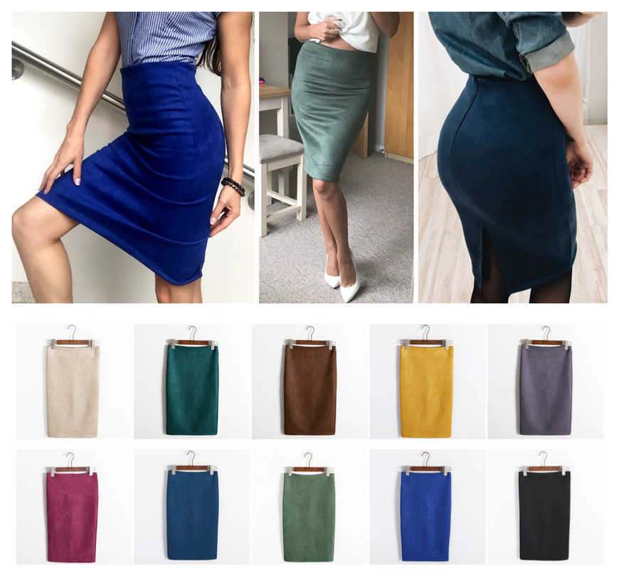 Multi colors Women Skirt Spring Solid Suede Work Wear Package Hip Pencil Midi Autumn Winter Bodycon Femininas SP012 210619