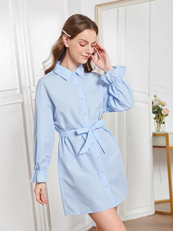 Teen Girls Drop Shoulder Belted Shirt Dress SHE