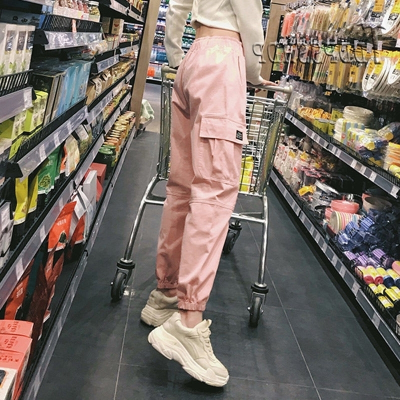 Pants Cotton Cargo High Waist Spring Pink Khaki Black Female Trousers T200324