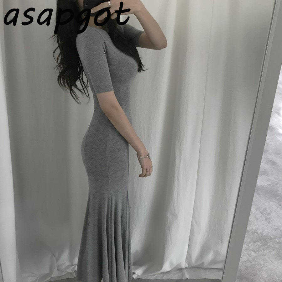 Casual High Elastic Plus Size O Neck Modal Cotton Black Side Split Mermaid Dress Women Short Sleeve Grey Wild Vestido 210630