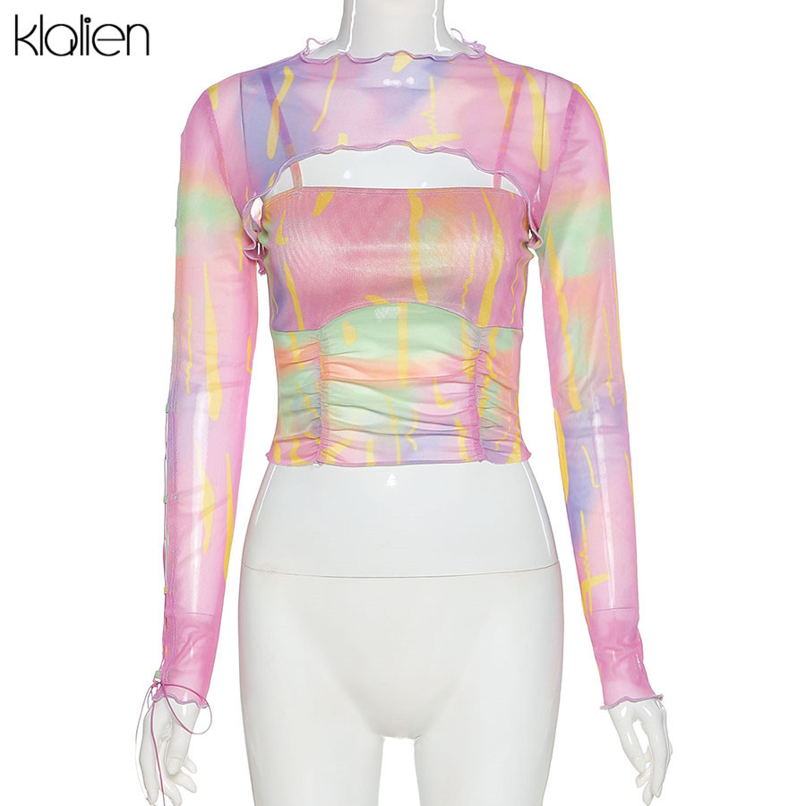 KLALIEN sexy fashion hollow out female two piece set t shirt spring summer casual high street colorful slim wild t shirt women 210302
